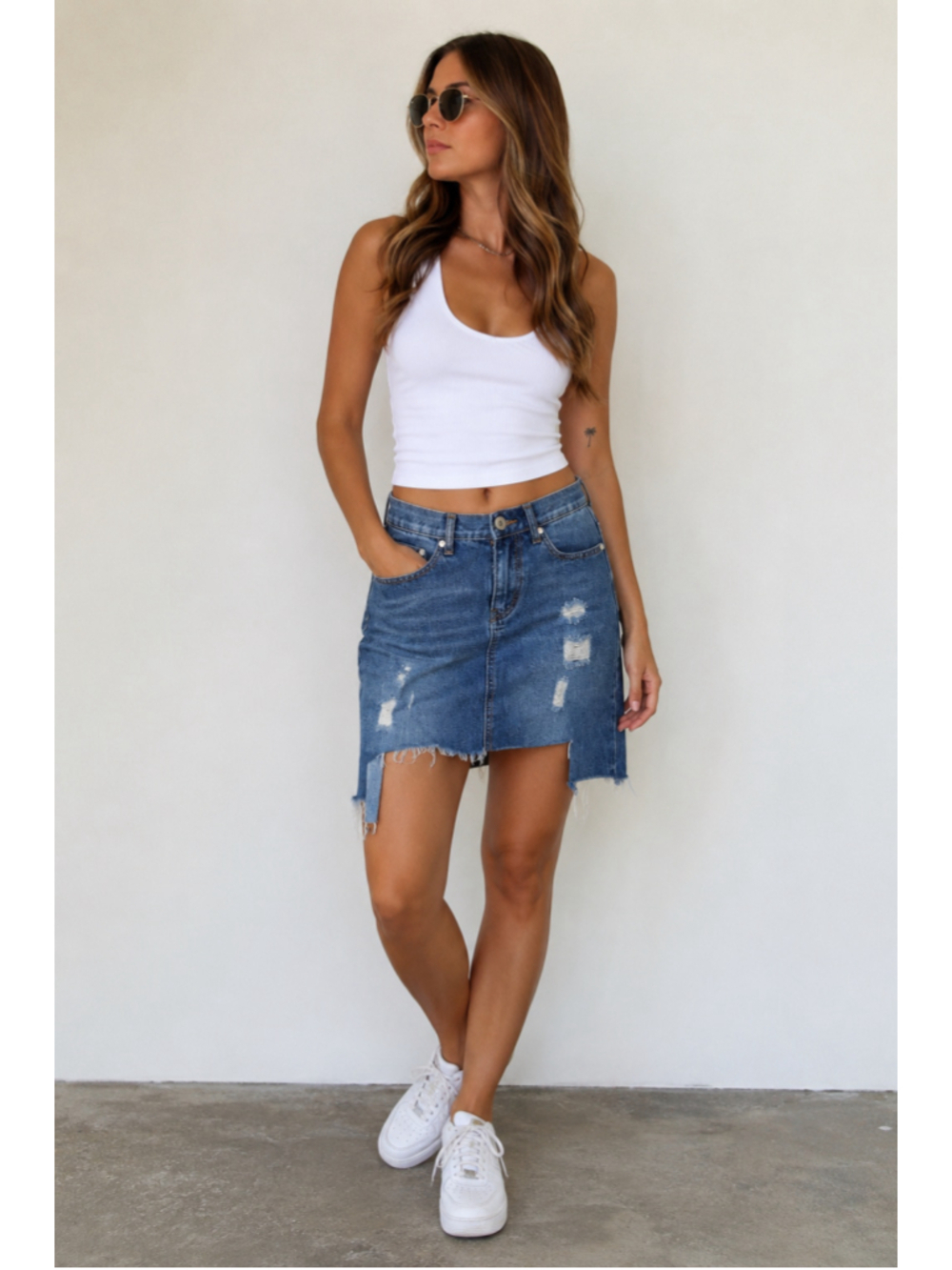 POL Distressed High Waist Denim Mini Skirt Raw Hem | Size Small | NWOT